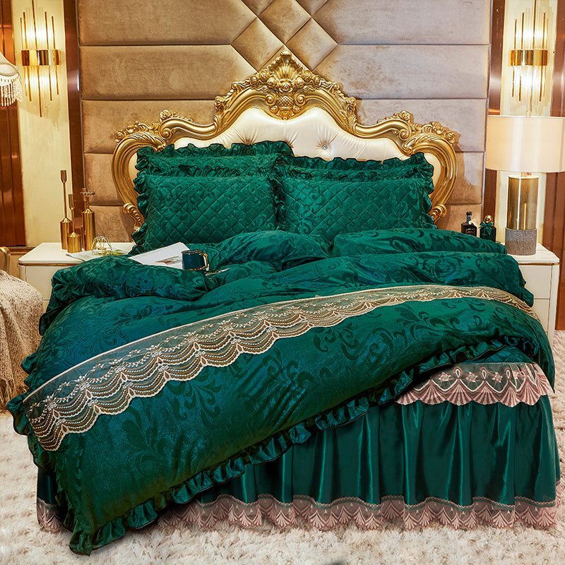 KTX-219283 Lace Velvet Bed Skirt Set with Quilted Cover and Pillowcases in Various Colors
