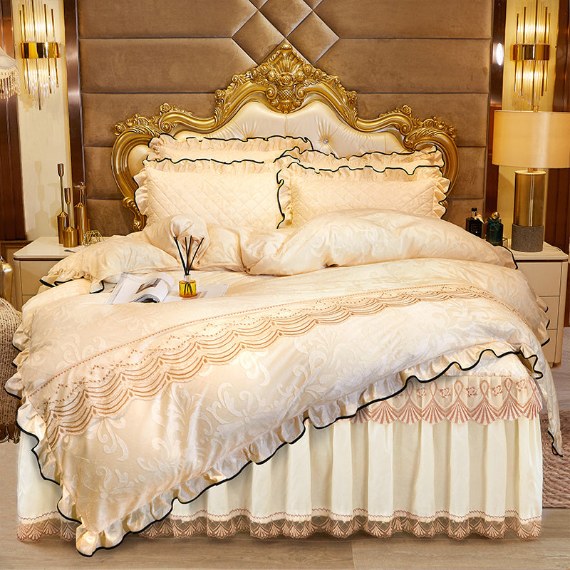 KTX-219283 Lace Velvet Bed Skirt Set with Quilted Cover and Pillowcases in Various Colors