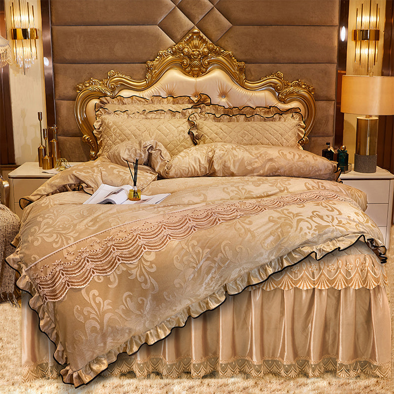 KTX-219283 Lace Velvet Bed Skirt Set with Quilted Cover and Pillowcases in Various Colors