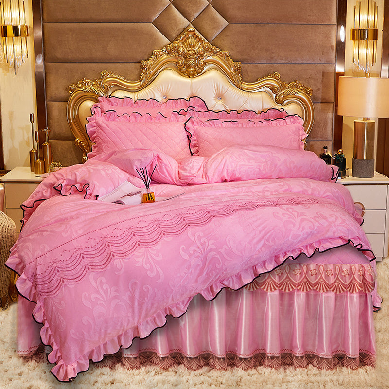 KTX-219283 Lace Velvet Bed Skirt Set with Quilted Cover and Pillowcases in Various Colors