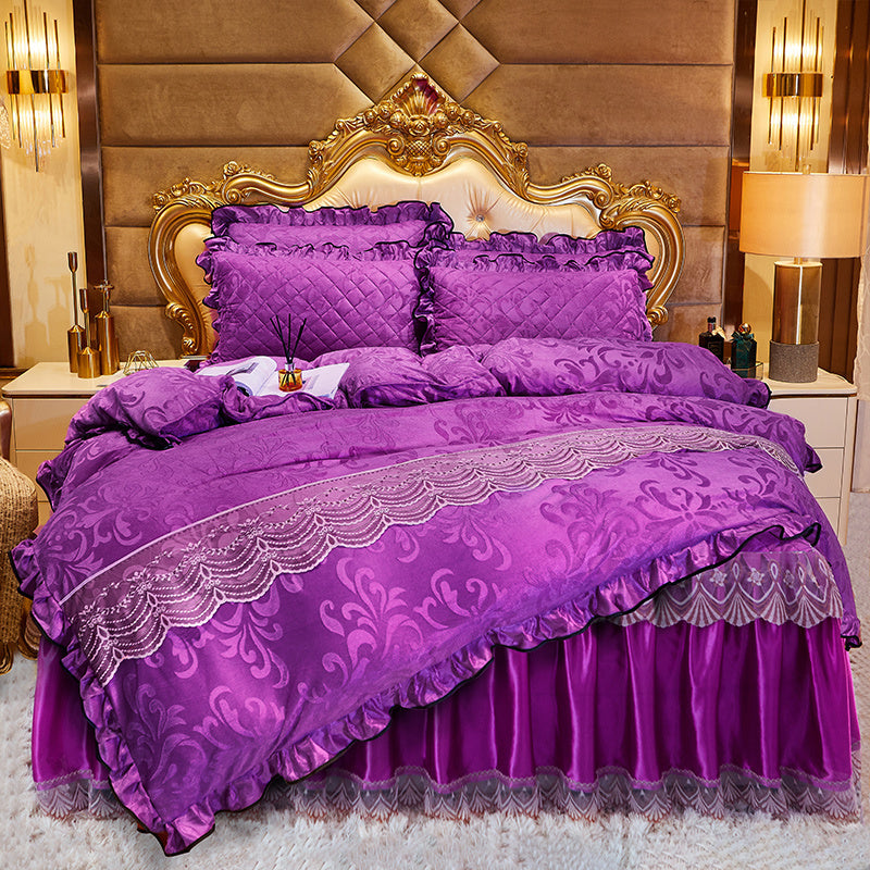KTX-219283 Lace Velvet Bed Skirt Set with Quilted Cover and Pillowcases in Various Colors