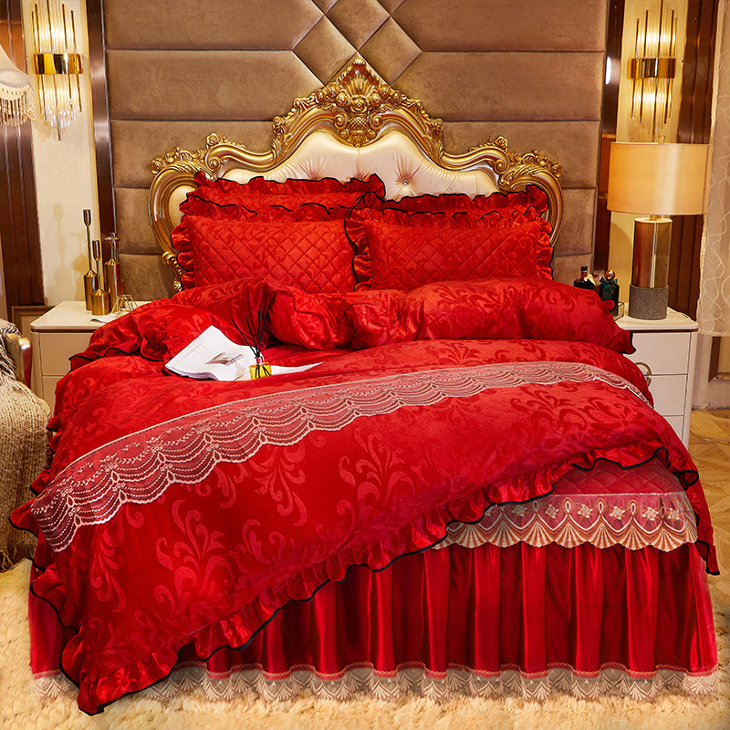 KTX-219283 Lace Velvet Bed Skirt Set with Quilted Cover and Pillowcases in Various Colors