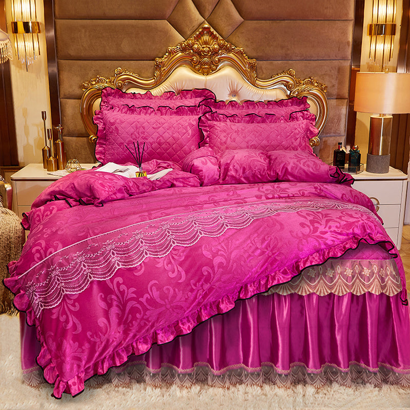 KTX-219283 Lace Velvet Bed Skirt Set with Quilted Cover and Pillowcases in Various Colors