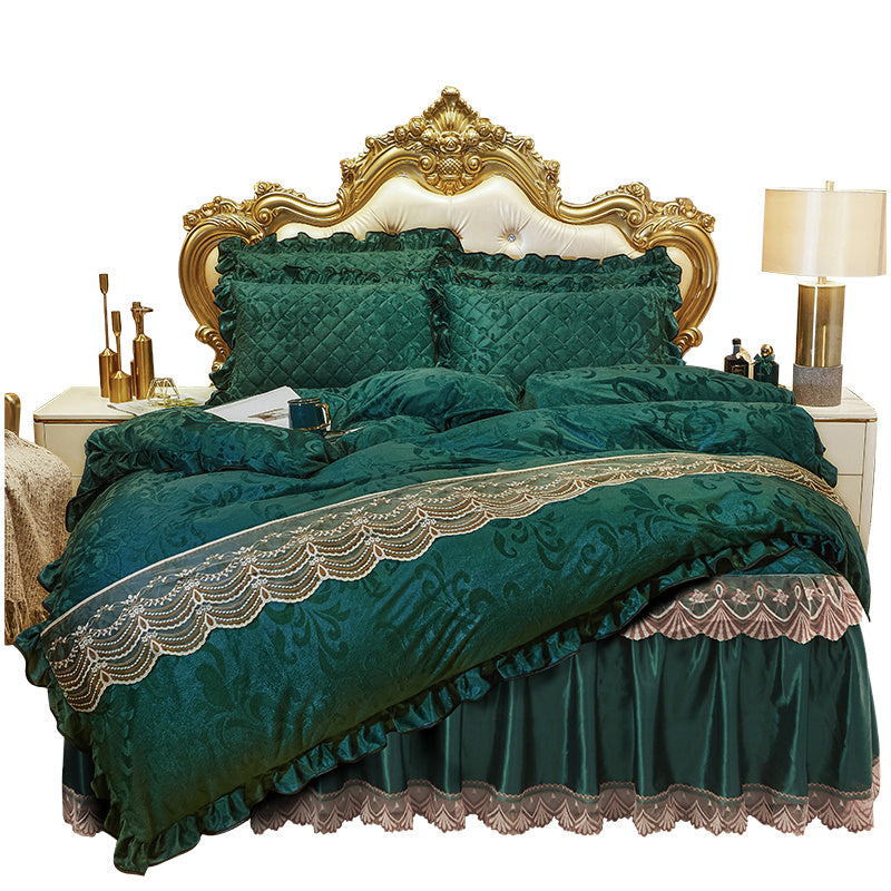KTX-219283 Lace Velvet Bed Skirt Set with Quilted Cover and Pillowcases in Various Colors