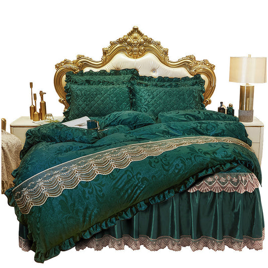 KTX-219283 Lace Velvet Bed Skirt Set with Quilted Cover and Pillowcases in Various Colors