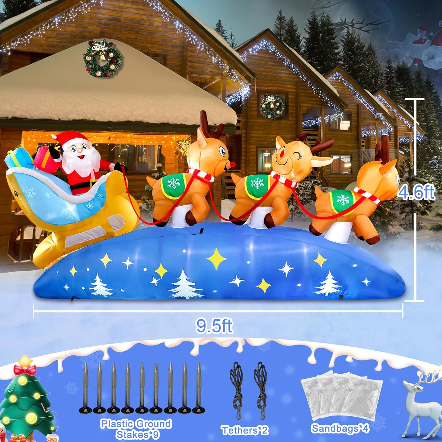 KTX-220307 9.5FT LED Christmas Inflatable with Santa and Reindeer for Outdoor Holiday Decoration