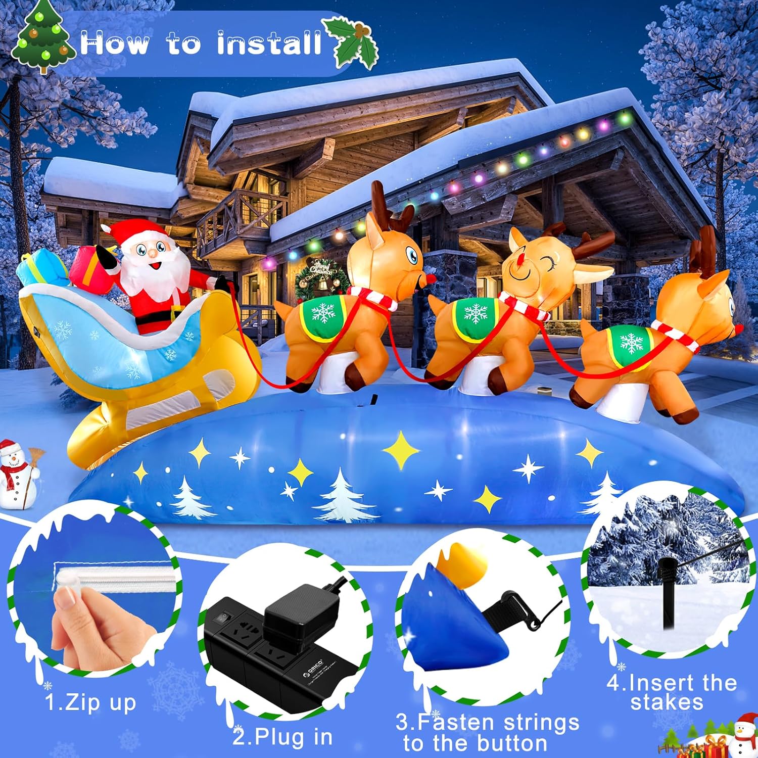 KTX-220307 9.5FT LED Christmas Inflatable with Santa and Reindeer for Outdoor Holiday Decoration