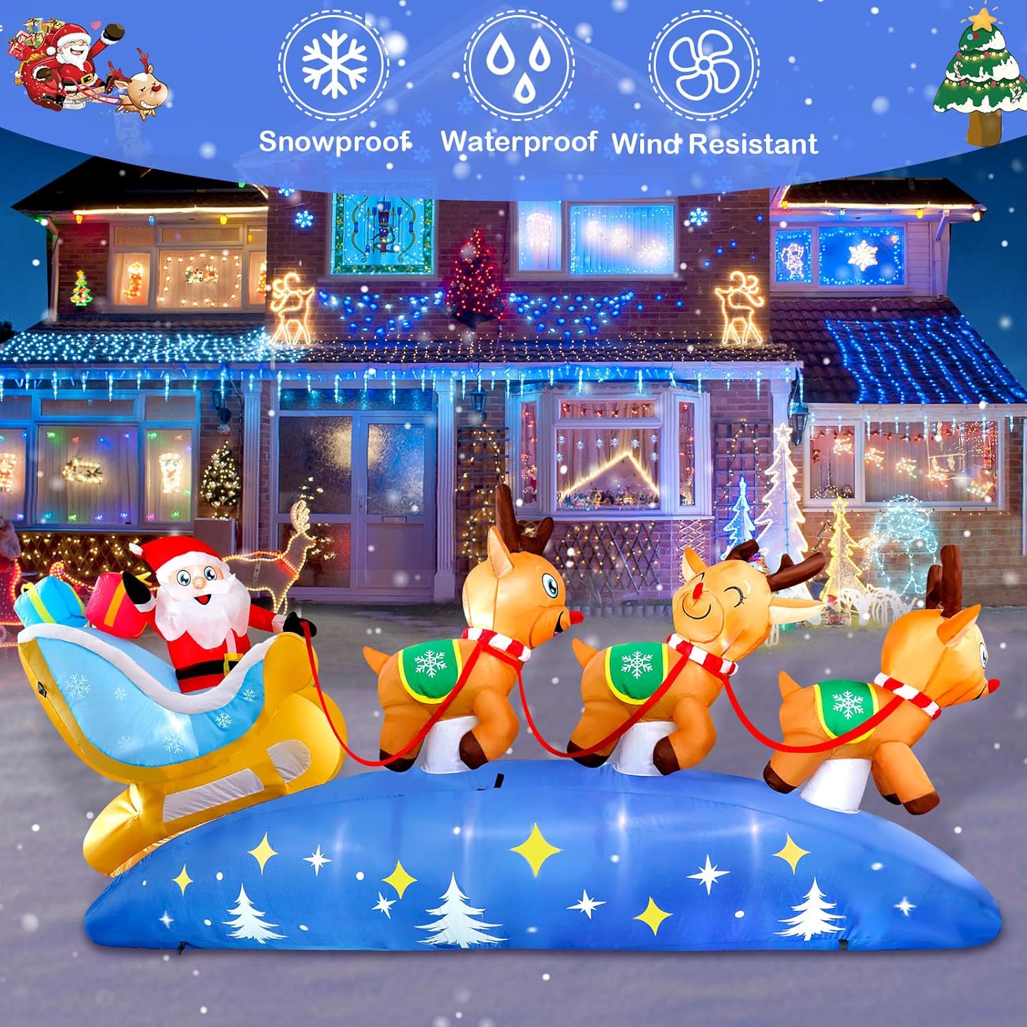 KTX-220307 9.5FT LED Christmas Inflatable with Santa and Reindeer for Outdoor Holiday Decoration