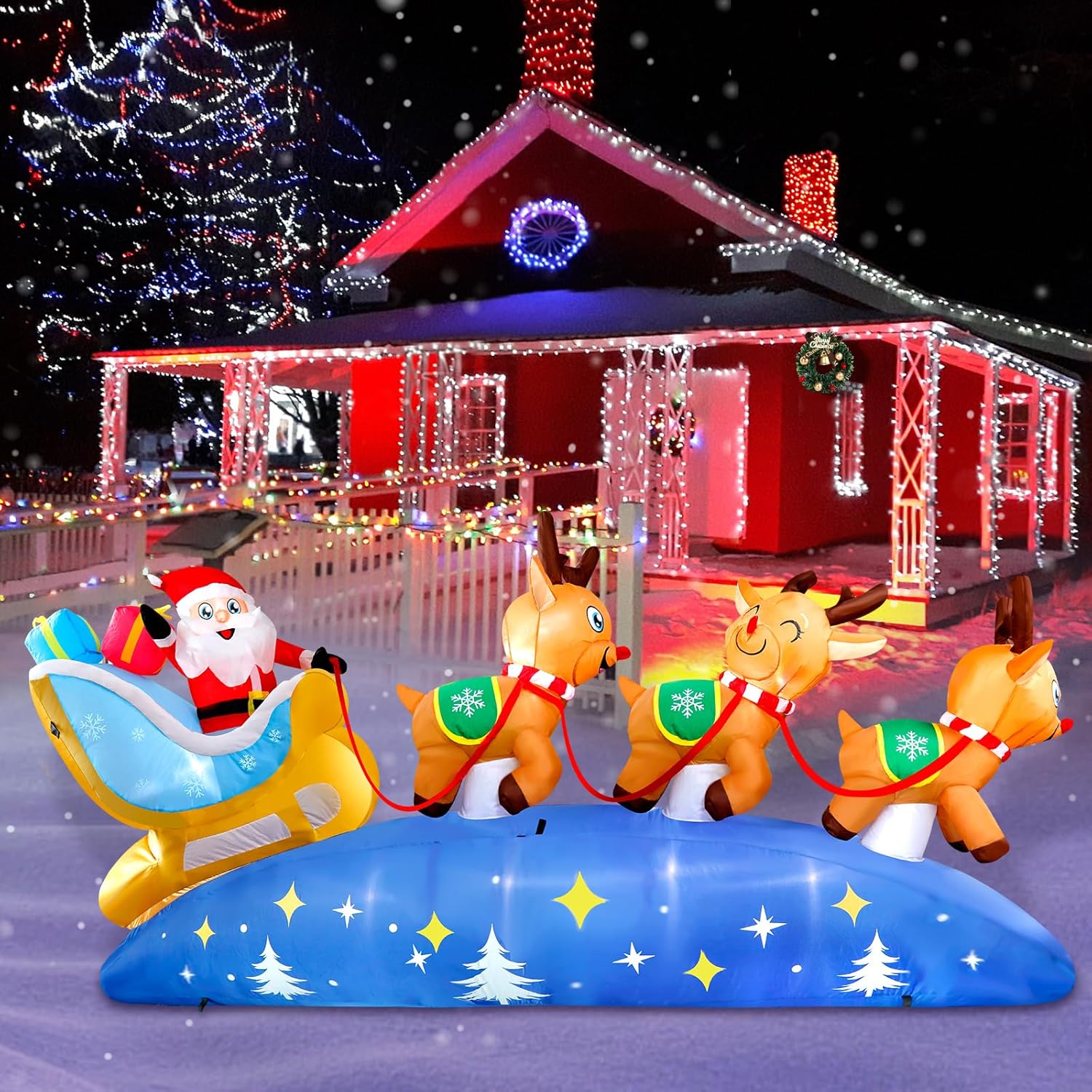 KTX-220307 9.5FT LED Christmas Inflatable with Santa and Reindeer for Outdoor Holiday Decoration
