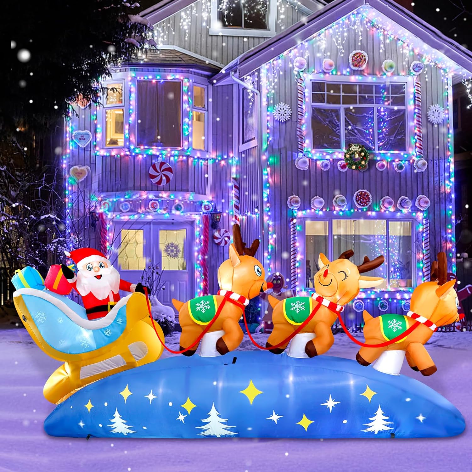 KTX-220307 9.5FT LED Christmas Inflatable with Santa and Reindeer for Outdoor Holiday Decoration