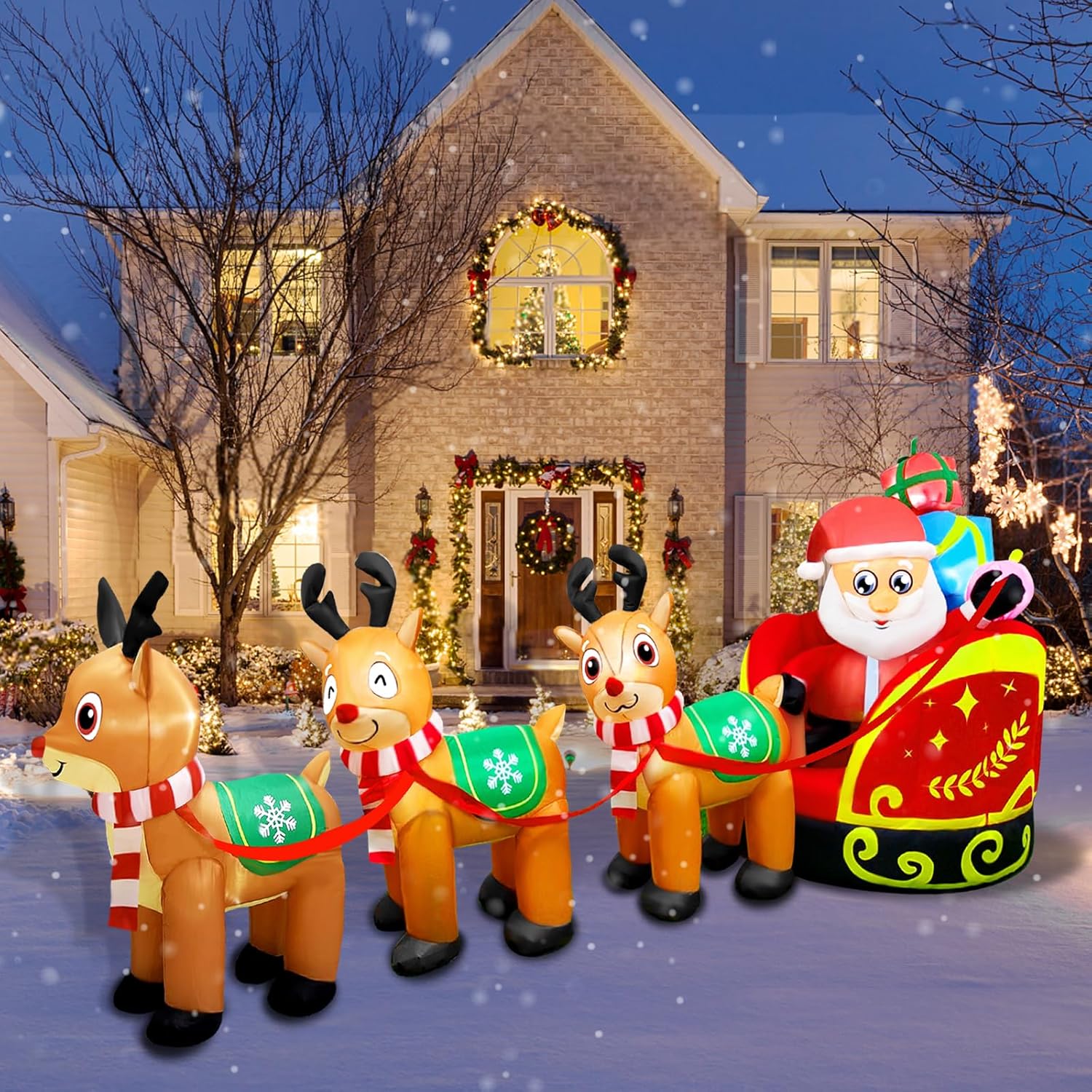 KTX-220307 9.5FT LED Christmas Inflatable with Santa and Reindeer for Outdoor Holiday Decoration