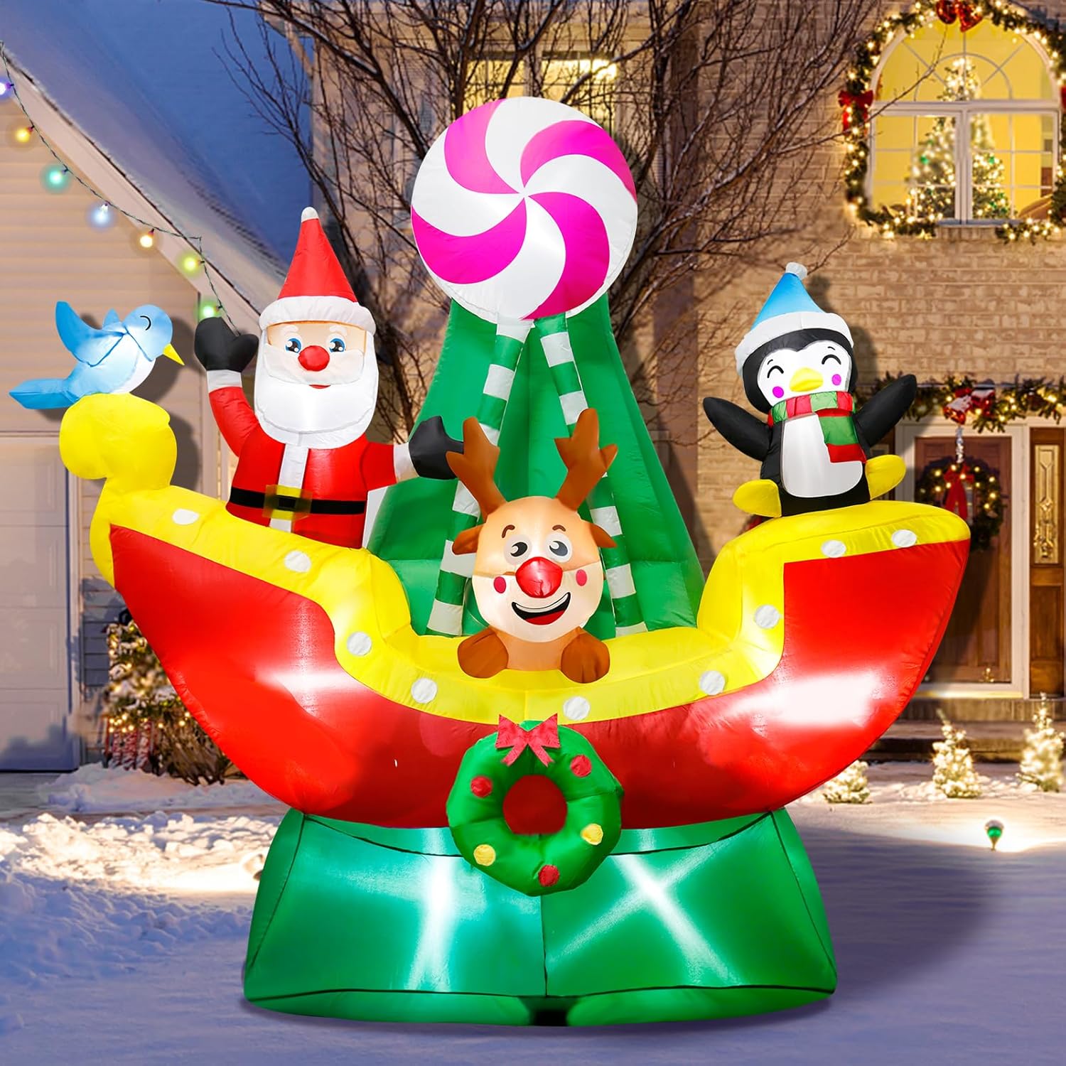 KTX-220307 9.5FT LED Christmas Inflatable with Santa and Reindeer for Outdoor Holiday Decoration