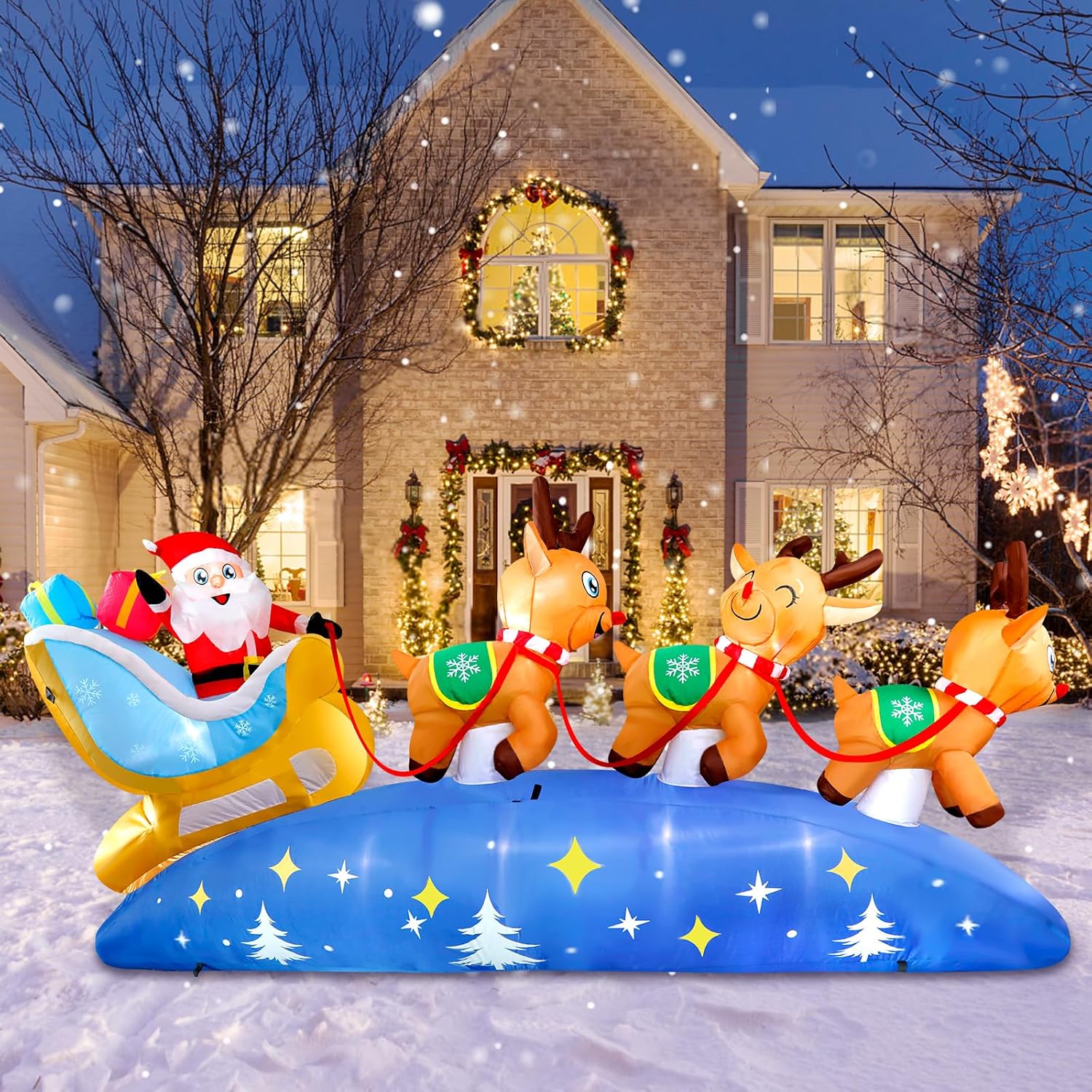 KTX-220307 9.5FT LED Christmas Inflatable with Santa and Reindeer for Outdoor Holiday Decoration