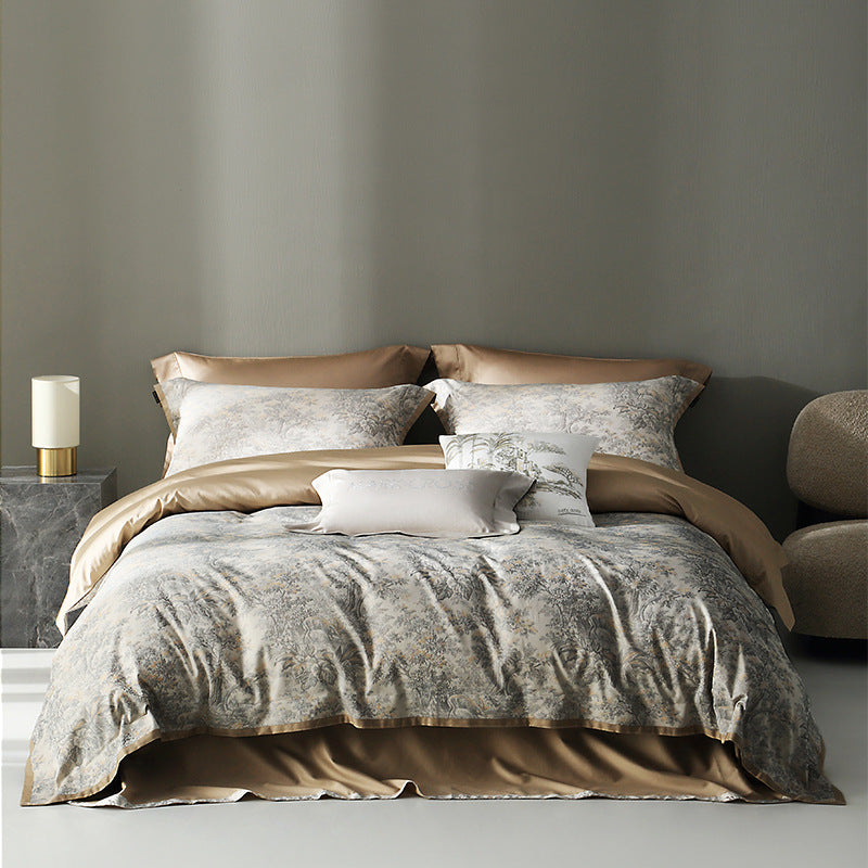 KTX-220435 American Retro Style Long-staple Cotton Jacquard Bedding Set - 4-Piece Floral Design for 1.5-2.0 M Beds