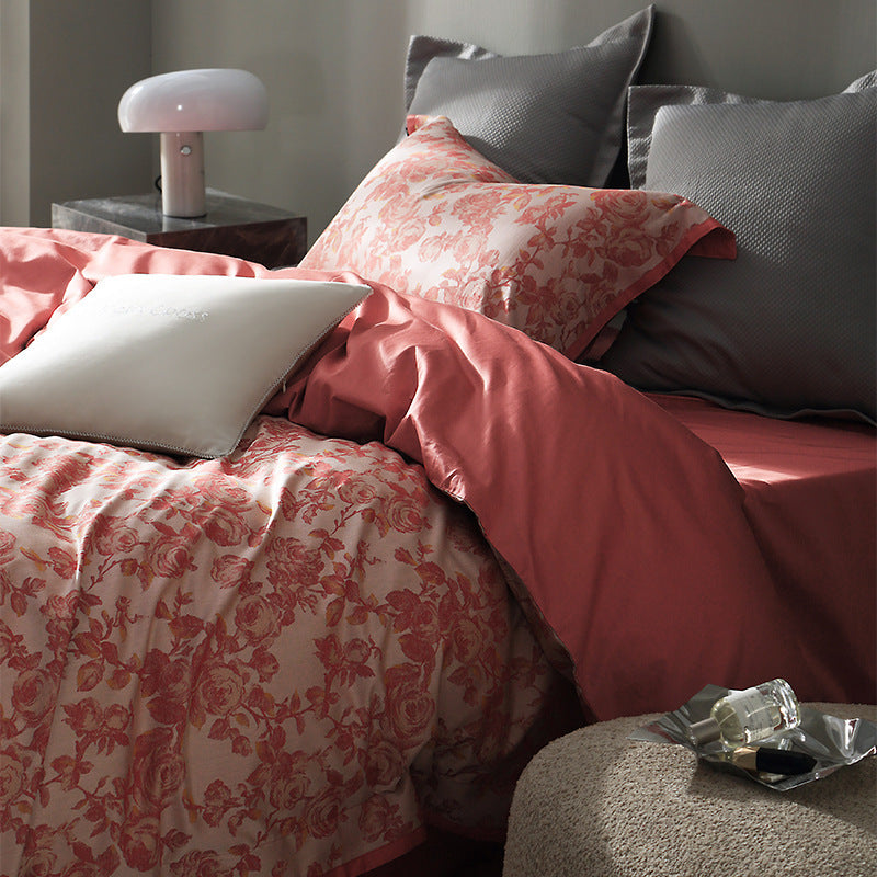 KTX-220435 American Retro Style Long-staple Cotton Jacquard Bedding Set - 4-Piece Floral Design for 1.5-2.0 M Beds