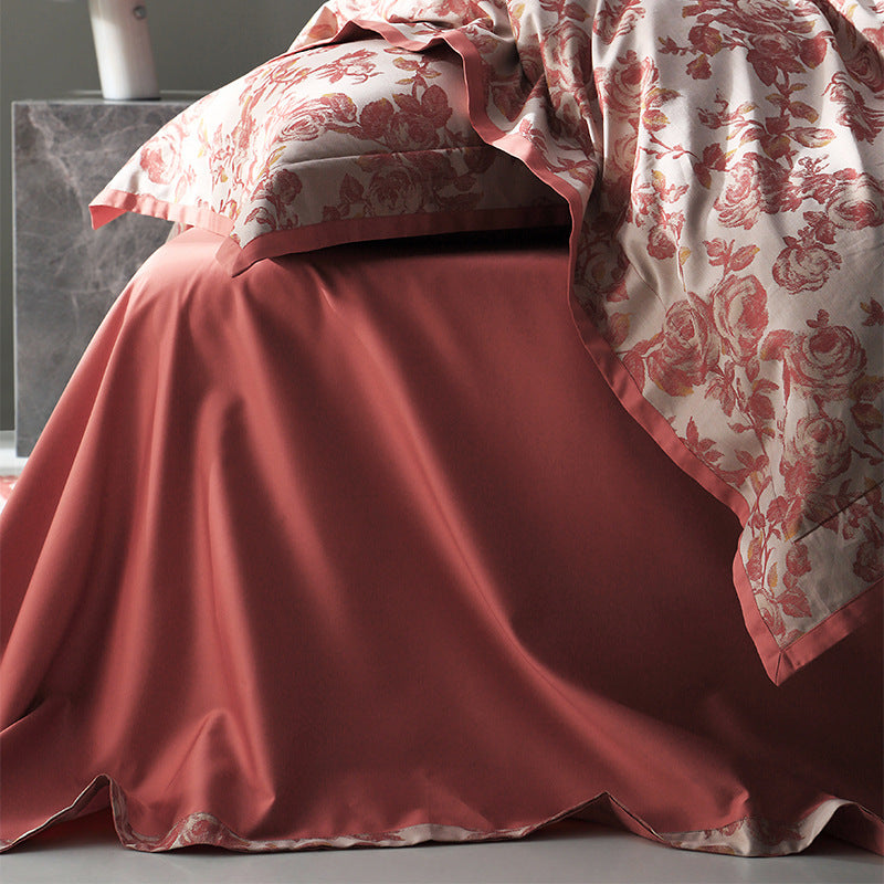 KTX-220435 American Retro Style Long-staple Cotton Jacquard Bedding Set - 4-Piece Floral Design for 1.5-2.0 M Beds