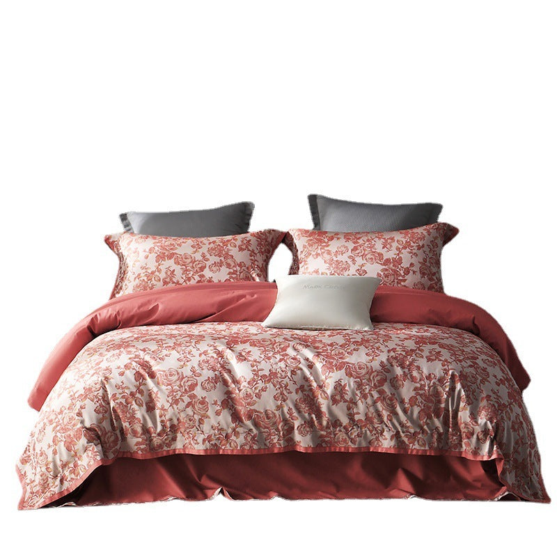KTX-220435 American Retro Style Long-staple Cotton Jacquard Bedding Set - 4-Piece Floral Design for 1.5-2.0 M Beds