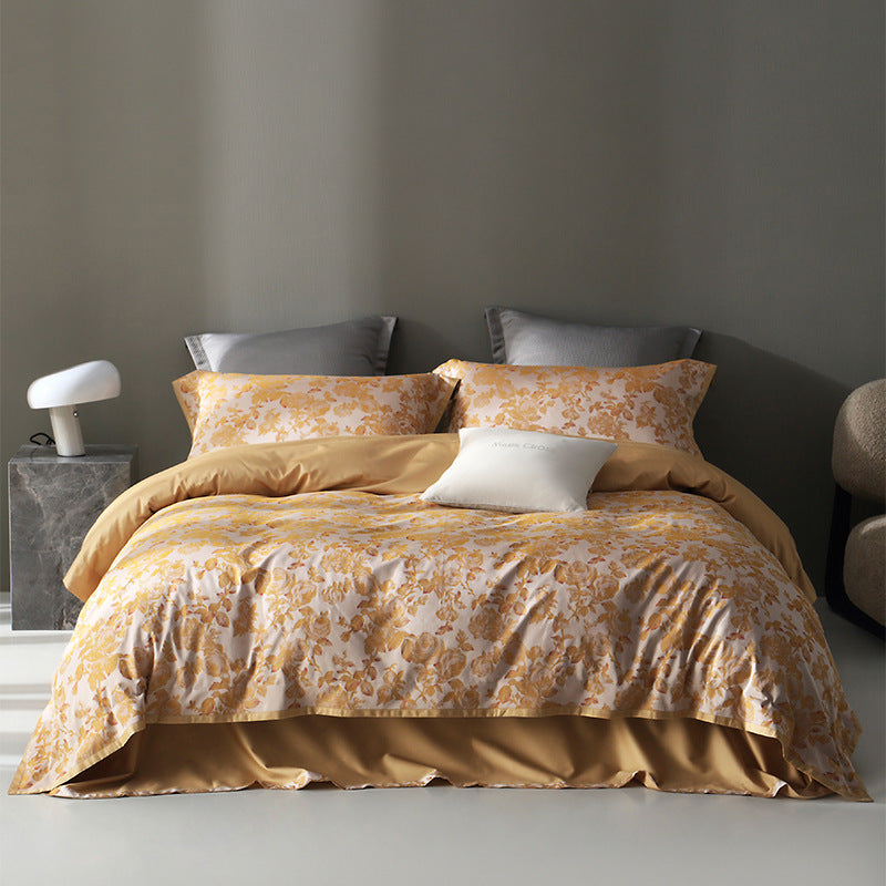 KTX-220435 American Retro Style Long-staple Cotton Jacquard Bedding Set - 4-Piece Floral Design for 1.5-2.0 M Beds