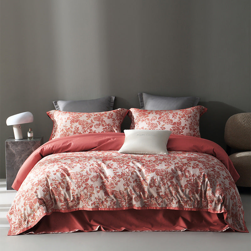 KTX-220435 American Retro Style Long-staple Cotton Jacquard Bedding Set - 4-Piece Floral Design for 1.5-2.0 M Beds