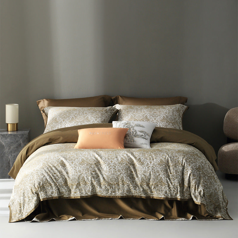 KTX-220435 American Retro Style Long-staple Cotton Jacquard Bedding Set - 4-Piece Floral Design for 1.5-2.0 M Beds