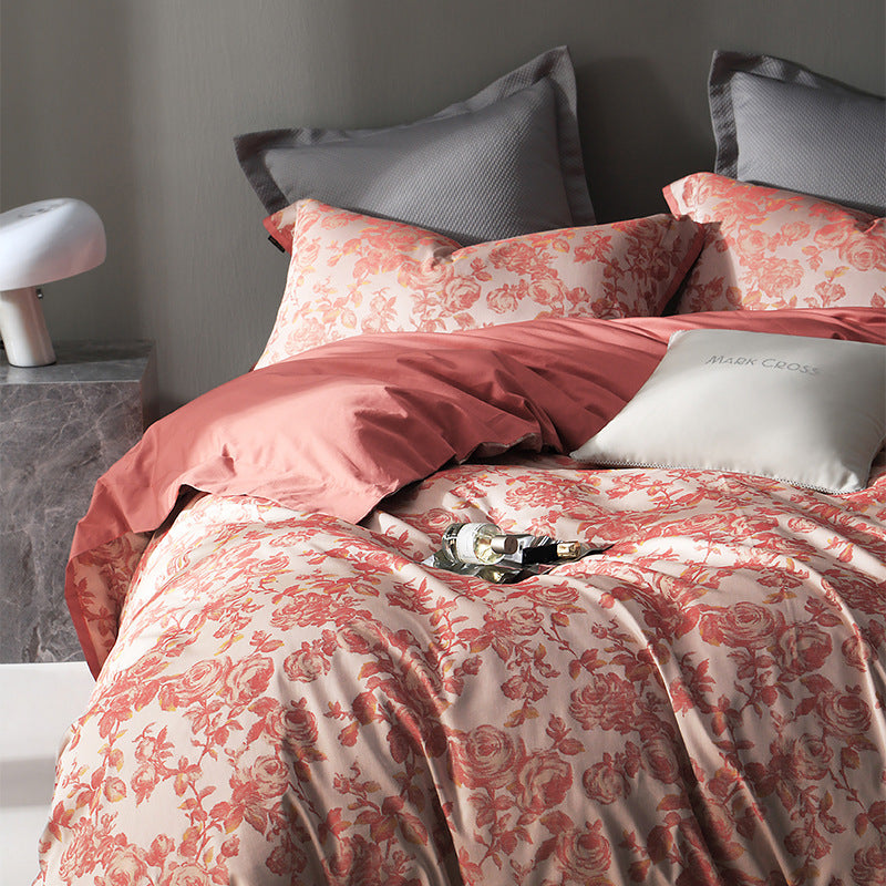 KTX-220435 American Retro Style Long-staple Cotton Jacquard Bedding Set - 4-Piece Floral Design for 1.5-2.0 M Beds