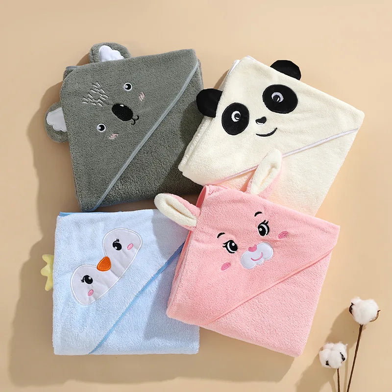 KTX-220947 Soft Cartoon Baby Hooded Bath Towel, 105*105cm, Coral Fleece, Animal Print for Toddlers