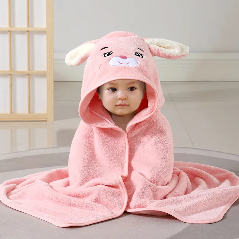 KTX-220947 Soft Cartoon Baby Hooded Bath Towel, 105*105cm, Coral Fleece, Animal Print for Toddlers