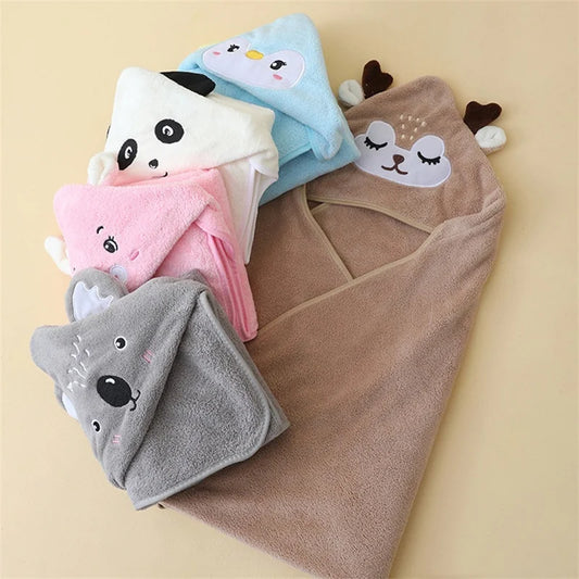 KTX-220947 Soft Cartoon Baby Hooded Bath Towel, 105*105cm, Coral Fleece, Animal Print for Toddlers