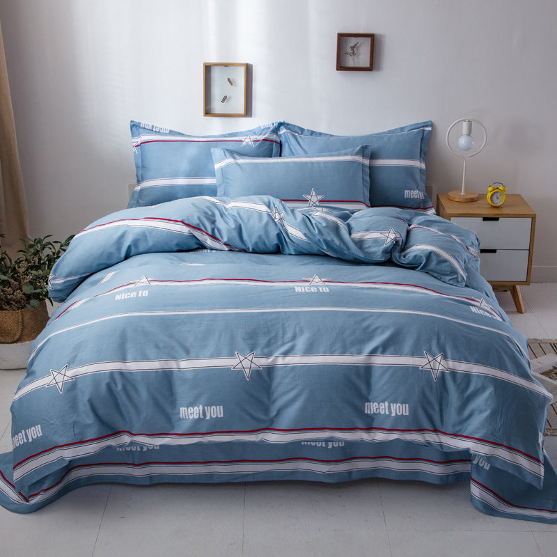 KTX-221267 Pure Cotton Four-Piece Bed Set with Quilt Cover, Pillowcase, and Sheet in Urban Stripe Design