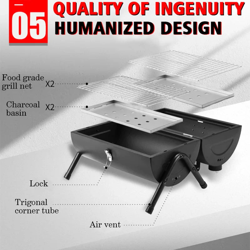 KTX-221779 Portable Smokeless Charcoal Barbecue Grill - Black and Green, Easy to Assemble, Ideal for Outdoor Camping, 4-5 People