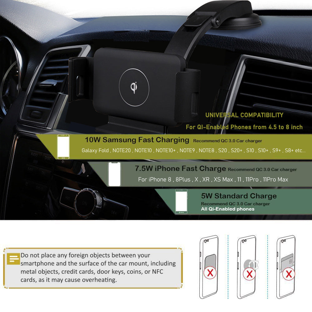 KTX-222483 Wireless Car Charger with Suction and Ventilation Brackets for Qi-Enabled Devices - Universal Compatibility, 10W Output, 8mm Load Distance