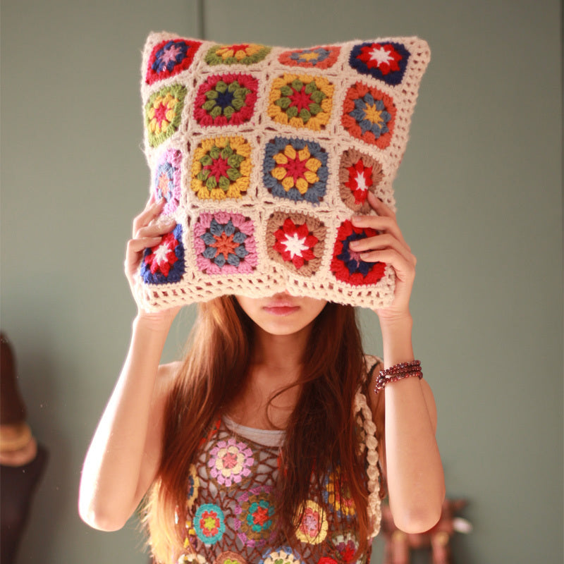 KTX-223251 Handmade Nordic-Style Crocheted Flower Hug Pillow in Plush Beige, 38cm & 45cm with Free Cushion Core