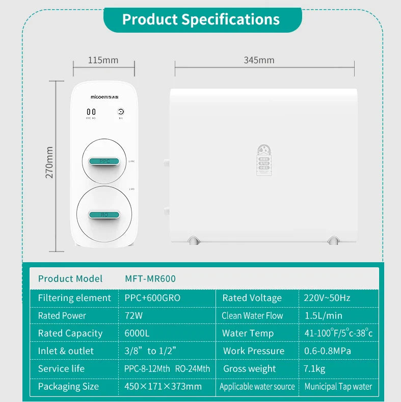 KTX-223763 600GPD Reverse Osmosis Water Purifier for Household Use, TDS Reduction & 0.0001 Micron Filtration