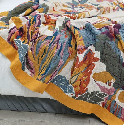 KTX-224723 Cotton Multilayer Gauze Towel Blanket - Ink Flower Design, All Seasons, Available in 150cm x 200cm and 250cm x 250cm Sizes