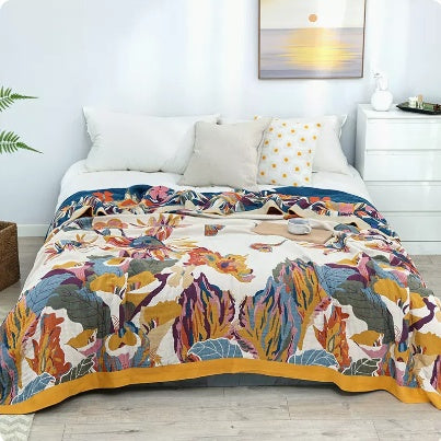 KTX-224723 Cotton Multilayer Gauze Towel Blanket - Ink Flower Design, All Seasons, Available in 150cm x 200cm and 250cm x 250cm Sizes