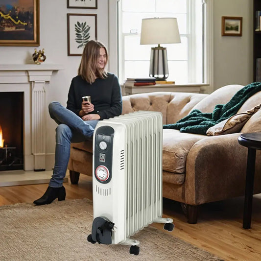 KTX-225491 Portable Oil-Filled Electric Heater with Adjustable Thermostat and Tip-Over Protection, 1000-3000W, Ideal for Indoor Use