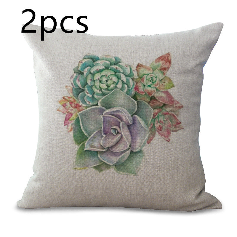 KTX-225555 Cotton Linen Succulent Cactus Pillow Cover - 45x45cm Decorative Case