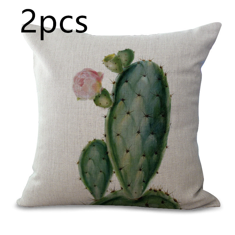 KTX-225555 Cotton Linen Succulent Cactus Pillow Cover - 45x45cm Decorative Case
