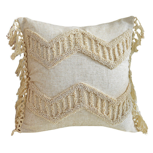 KTX-225555 Moroccan Style Handmade Cotton and Hemp Tassel Pillow Cover - 45 x 45 cm