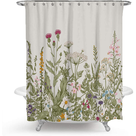 KTX-226579 Floral Plant Shower Curtain - Colorful Hand-Painted Leaves, Modern Polyester Design, Multiple Sizes Available