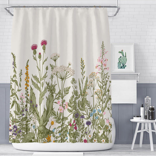 KTX-226579 Floral Plant Shower Curtain - Colorful Hand-Painted Leaves, Modern Polyester Design, Multiple Sizes Available