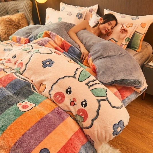 KTX-226707 Flannel Velvet Winter Bedding Set with Snowflake Design - Available in Multiple Sizes