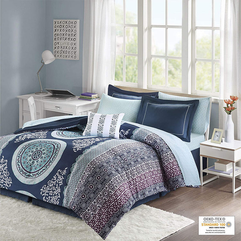 KTX-228499 Three or Four-Piece Quilt Cover Bedding Set in Water Green, Navy Blue, Coral Red, and Purple - Available Sizes 172x218 cm to 233x244 cm