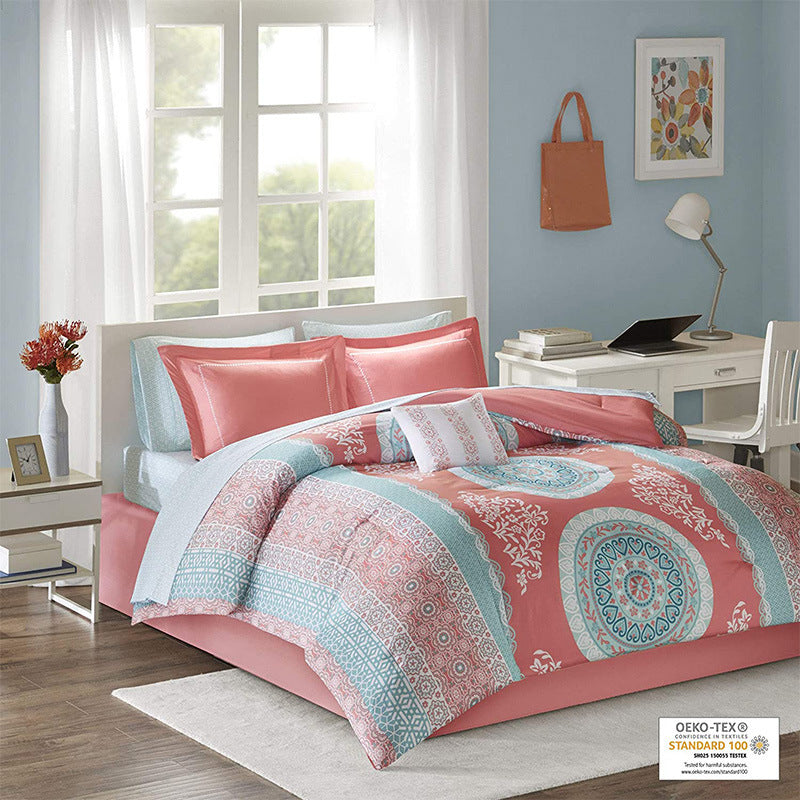 KTX-228499 Three or Four-Piece Quilt Cover Bedding Set in Water Green, Navy Blue, Coral Red, and Purple - Available Sizes 172x218 cm to 233x244 cm