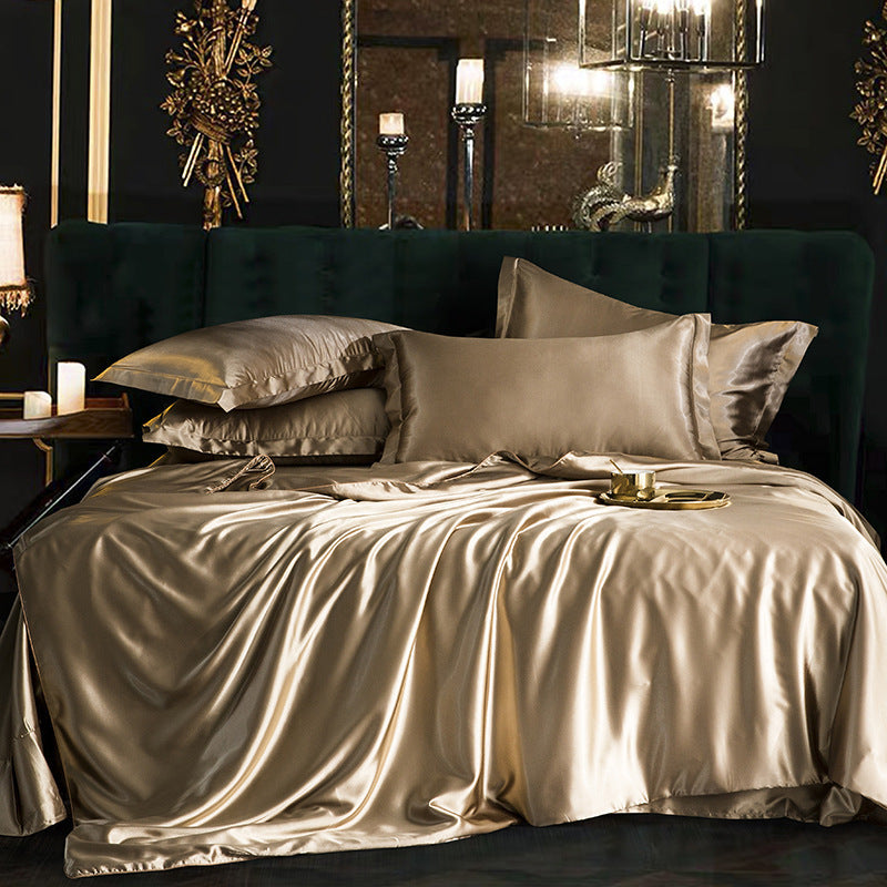 KTX-229651 Silk Bedding Set in Champagne Gold - Modern Minimalist Design, Multiple Sizes Available