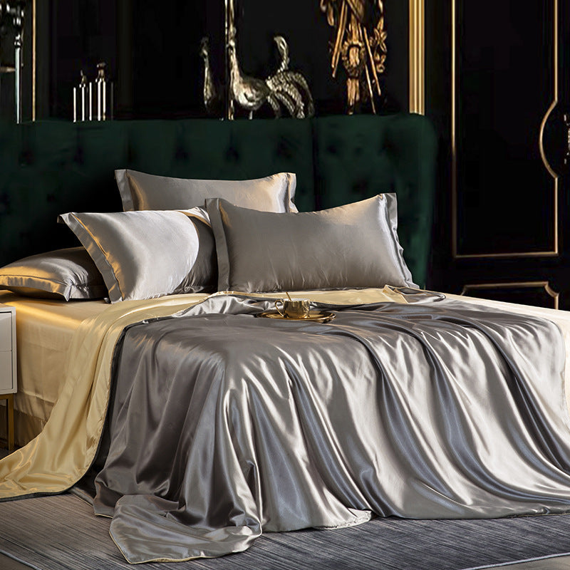 KTX-229651 Silk Bedding Set in Champagne Gold - Modern Minimalist Design, Multiple Sizes Available