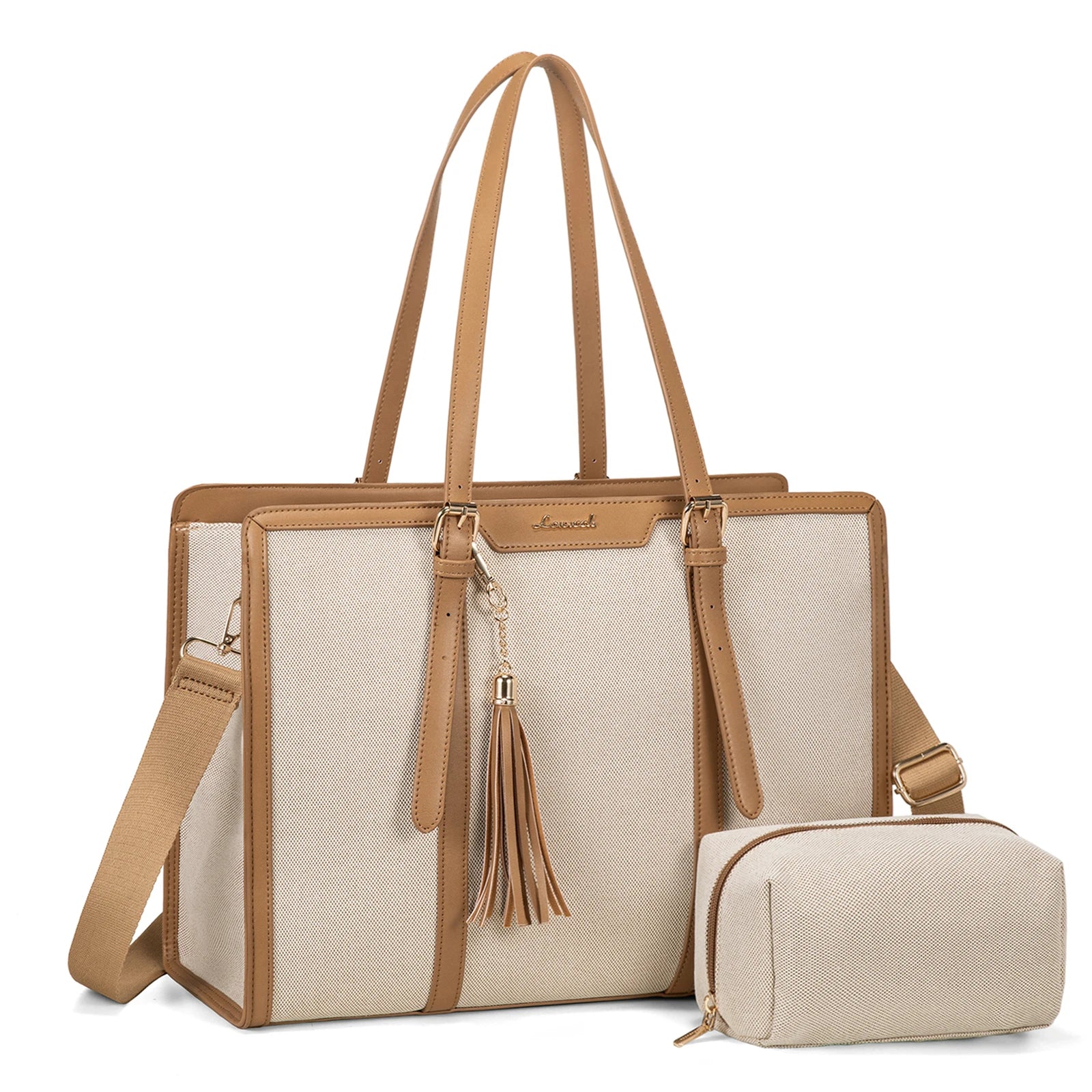 KTX-229715 Stylish 2-Piece Set PU Leather and Canvas Tote Bag for School, Shopping, and Casual Use, Versatile Crossbody and Shoulder Design for Women