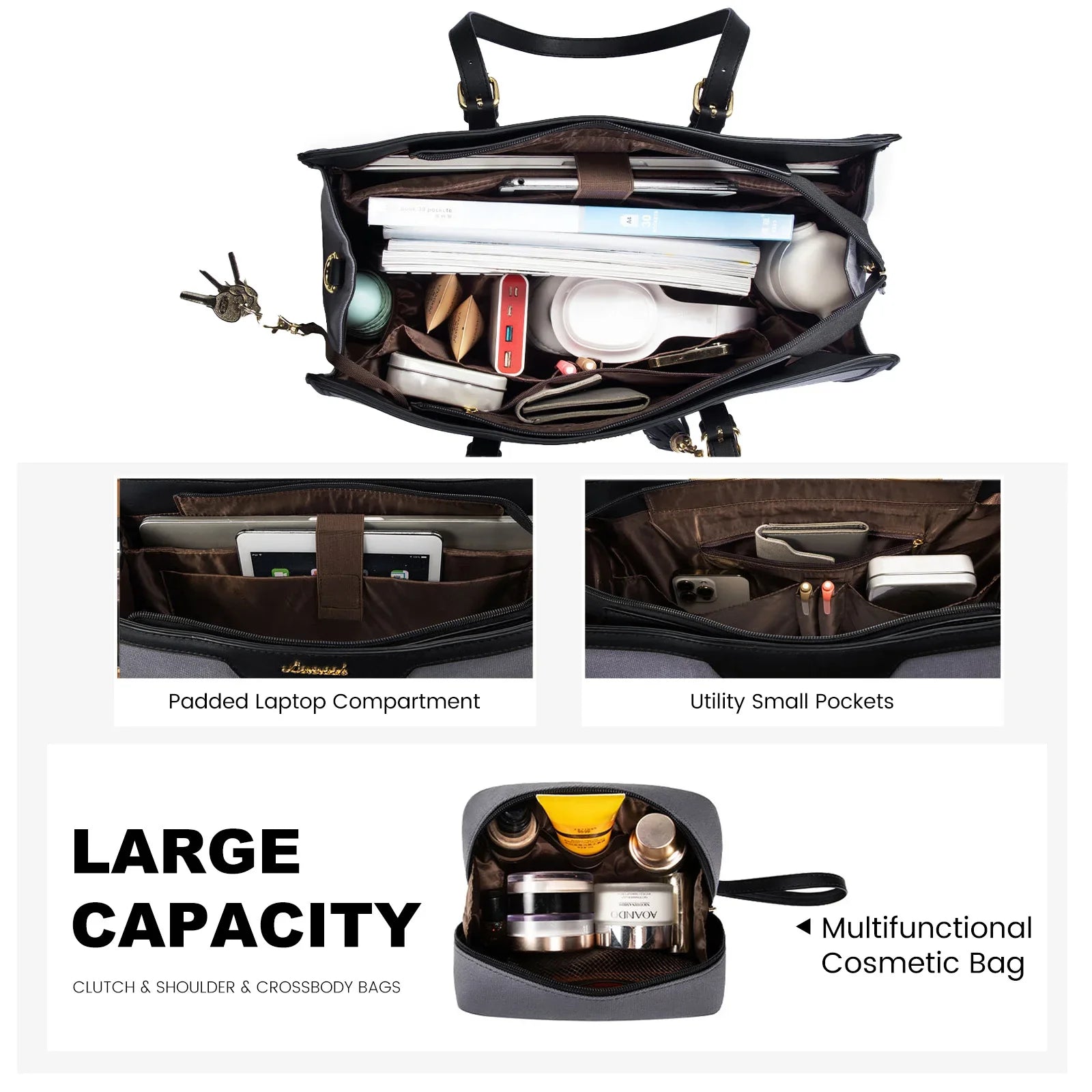 KTX-229715 Stylish 2-Piece Set PU Leather and Canvas Tote Bag for School, Shopping, and Casual Use, Versatile Crossbody and Shoulder Design for Women