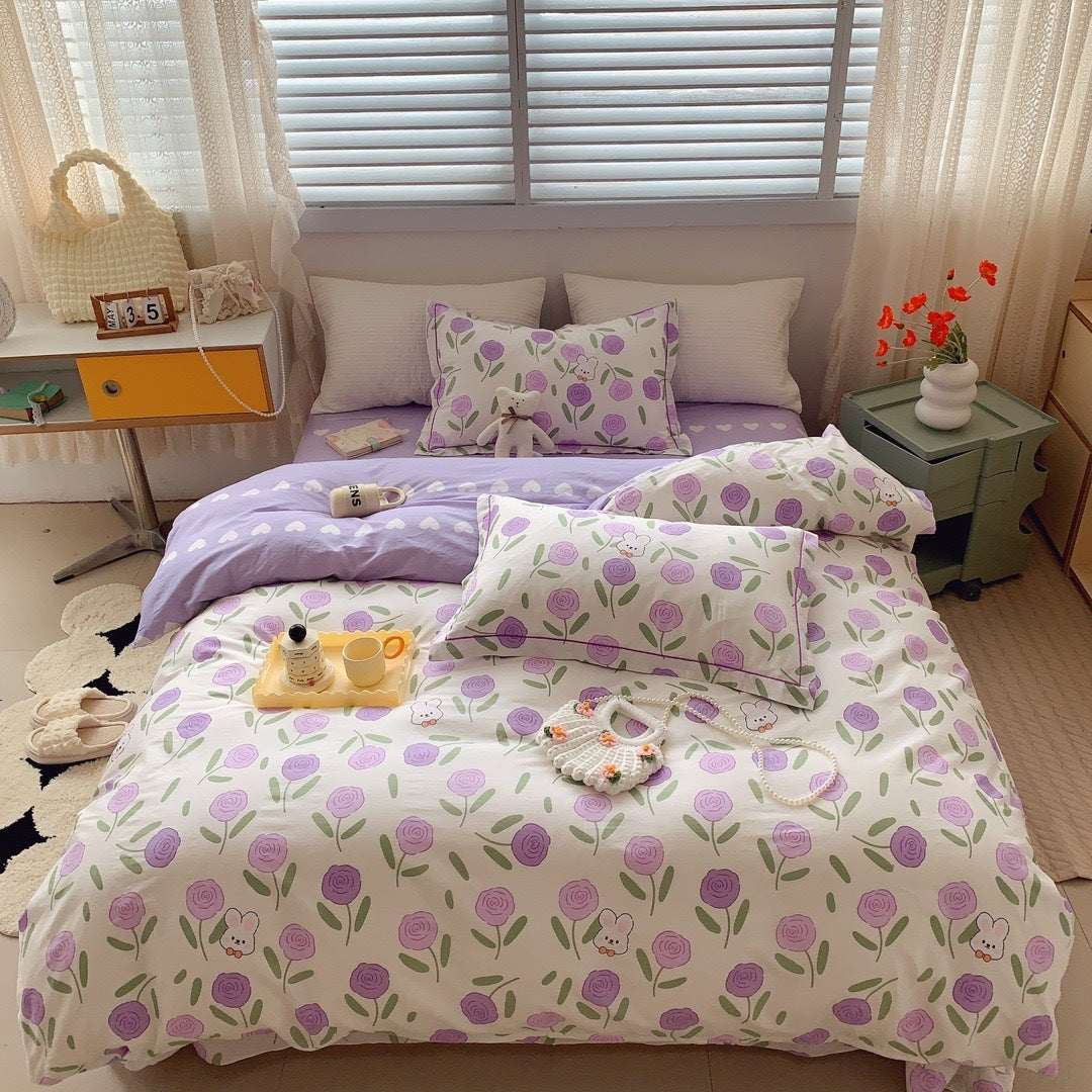 KTX-231315 Cotton Four-Piece Bed Set with Simple Print Design - Duvet Cover, Bed Sheet, and Pillowcases