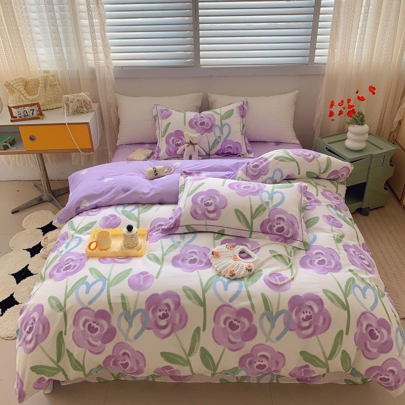 KTX-231315 Cotton Four-Piece Bed Set with Simple Print Design - Duvet Cover, Bed Sheet, and Pillowcases